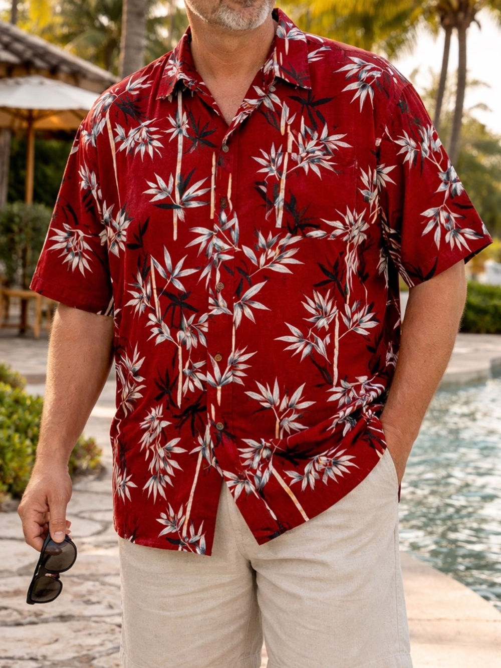 Banana Cabana Hawaiian Silk Shirt XXL Red Bamboo Tropical Button Up